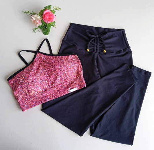 Cropped Pink & Black Pant Set